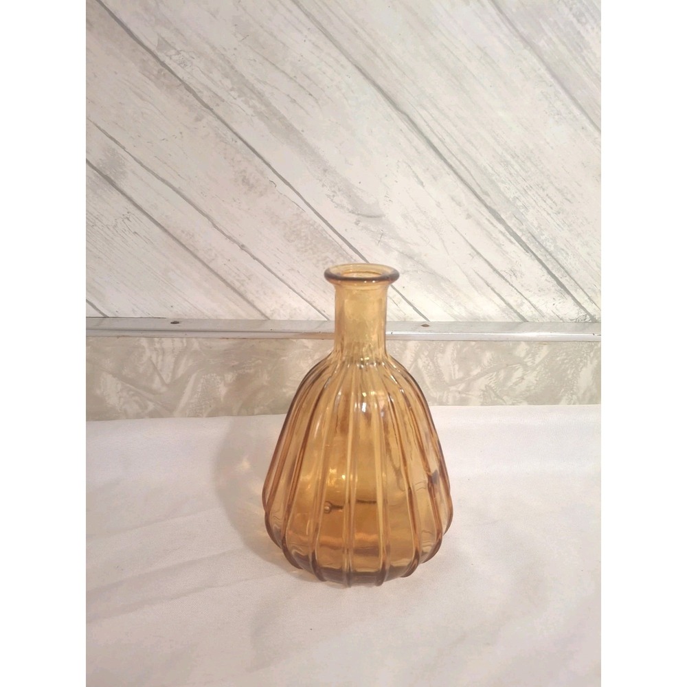 Vintage Empoli Amber Genie Bottle Italian Glass Small Optic Ribbed Decanter